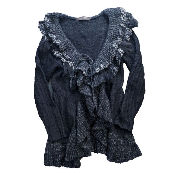 Forla Paris M Cardigan Black Wool Mohair Ruffle Rose Embellished Fairy Core Boho - Picture 1 of 14